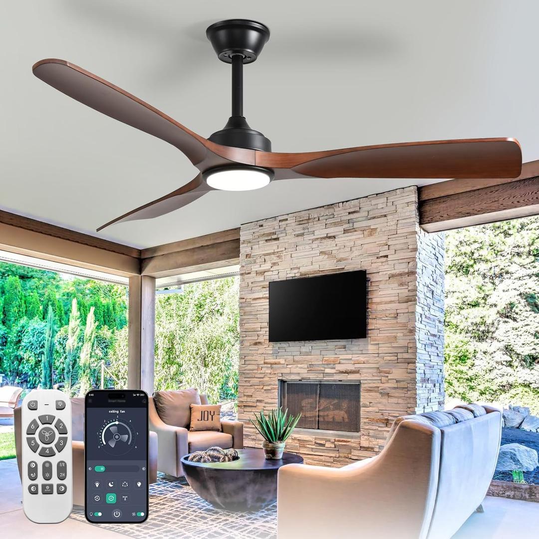 Outdoor Ceiling Fan with Light: 52 Inch 3 Blade Outdoor Fans for Patios - Modern Walnut Ceiling Fan with Dimmable Light Remote APP Control Ultra Quiet Reversible DC Motor Timer (52"- with light)
