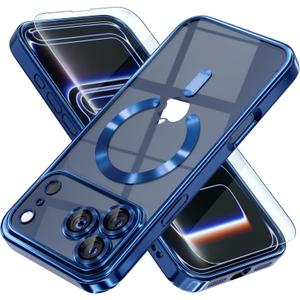 Misea Magnetic for iPhone 17 Pro Max Case Compatible with MagSafe [Never Yellowing] [Military Grade Drop Protection] Full Camera Lens Protector Plating Soft Clear Phone Case for Women, Deep Blue