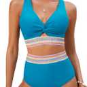 GRAPENT Bikini Sets for Women High Waisted Two Piece Swimsuit Padded Knot Twist Cut Out Color Block Bathing Suit Bikinis (Medium, Hawaiian Ocean)