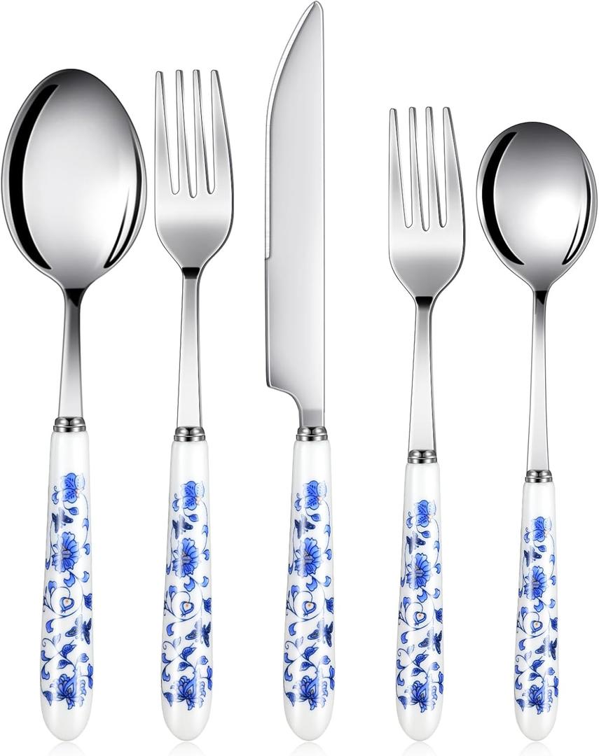10 Pcs Chinoiserie Silverware Set Blue and White Porcelain Silverware Christmas Gift Stainless Steel Utensils Set with Ceramic Handle Includes Knives Forks Spoon High Tea Gift for Wedding