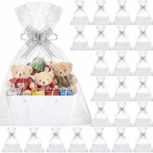 PerKoop 24 Pack Baskets for Gifts Empty Bulk 6.5 x 9.8'' Thick Kraft Gift Basket with Bows Bags Empty Gift Basket for Mother's Day Graduation Birthday Wedding Snack Farmers Market(White)