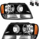 Headlights Assembly for 1999-2004 Jeep Grand Cherokee Headlamp Replacement Chrome Housing Black Reflector Driver & Passenger Side (OE Replacement, Black | With High & Low Beam Bulbs)