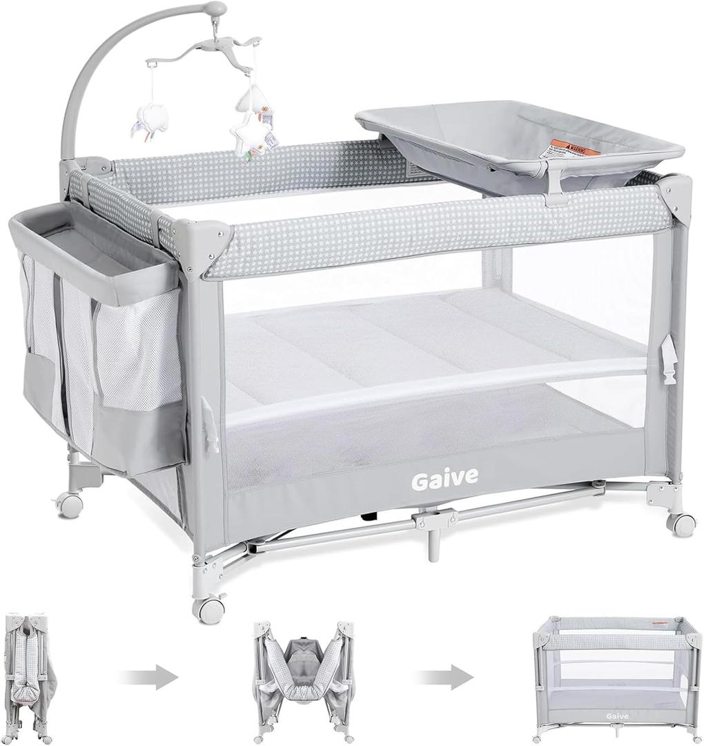 Baby Bassinet Bedside Crib, Pack and Play with Mattress, Diaper Changer, One-Push Setup Playards from Infants to Toddlers (Grey) 