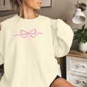 FASHGL Pink Bow Sweatshirt Womens - Sequins Coquette Sweater Casual Round Neck Pullover Sweatshirts Long Sleeve Tops (XL)