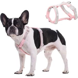 HDKUW Dog Shining Rhinestone Harness, No Pull Adjustable Buckle D-Ring Harness for Small Medium Dog (Pink M) (Head Girth 16-22", Chest Girth 19-25")