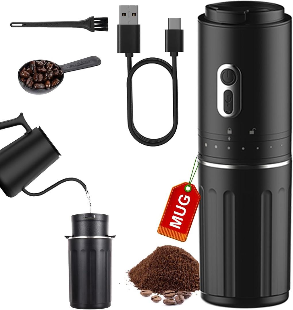 All-in-one Pour Over Coffee Maker Portable Electric Burr Coffee Grinder, Rechargeable Coffee Bean Grinder Conical Burr, Battery Powered Cordless Portable Coffee Maker for Travel, Camping, Car