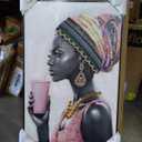 DRLWGTY Framed Wall Art, African Style Elegant Woman Canvas with Handmade Crystals and Gemstones, Large Modern Artwork Ready to Hang for Bedroom Living Room Decor 36"L x 24"W
