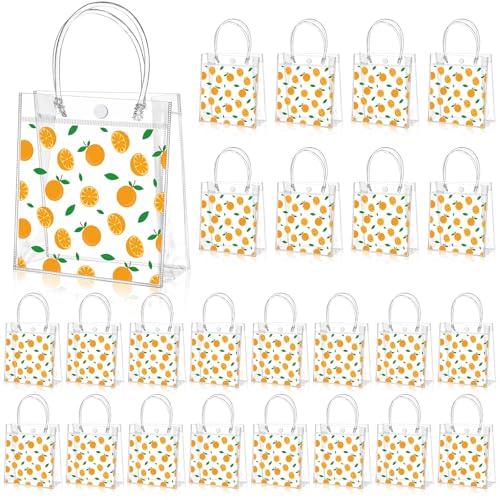 Tioncy 24 Pcs Orange Clear PVC Gift Bags with Handles Orange Theme Candy Treat Basket Little Cutie Party Favor Bags for Little Cutie Baby Shower Decorations Wedding Birthday Summer Party Supplies