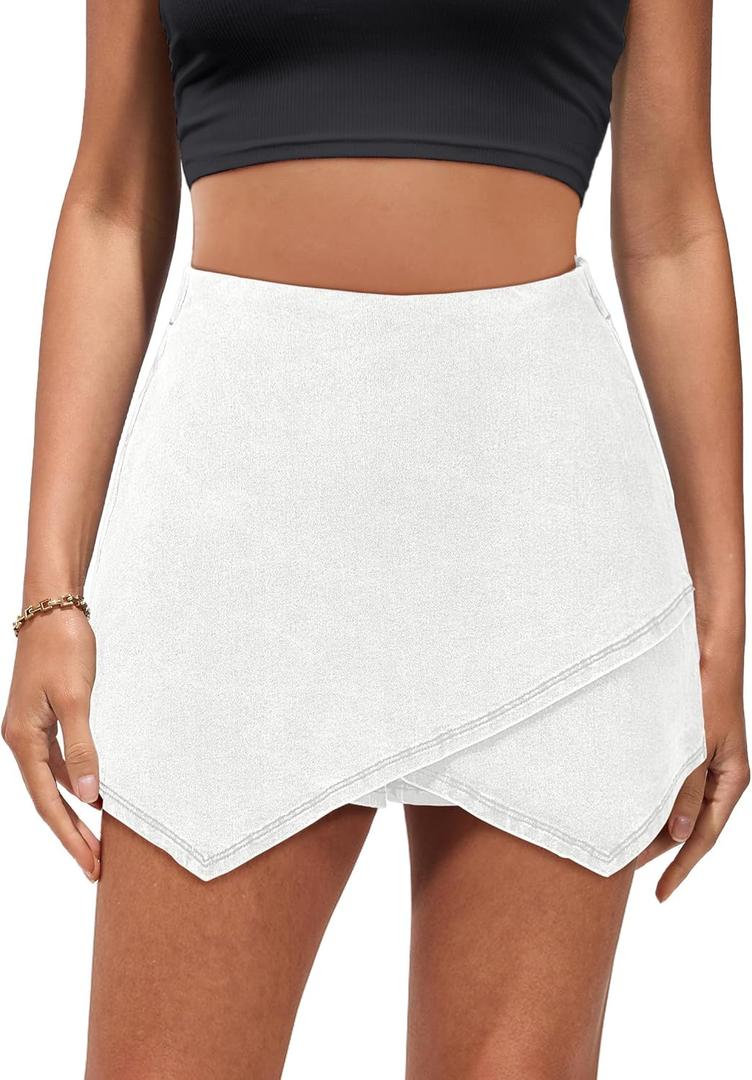 luvamia Jean Skorts for Woman High Waisted Pull On Stretchy Denim Wrap Skirt with Shorts Trendy Asymmetrical Skort (Large, Cream White)