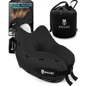 SNUGL Travel Pillow  Memory Foam Pillows - Neck Pillow for Airplane with Carry Bag & Clip  Neck Support Pillows for Pain Relief - Airplane Travel Essentials (Adult Small - Black)
