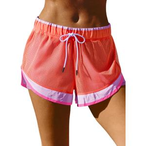 Fisoew Women Athletic Shorts 2 in 1 Running High Split Color Block Workout Yoga Mesh Shorts Pocket Drawstring (Orange, M)