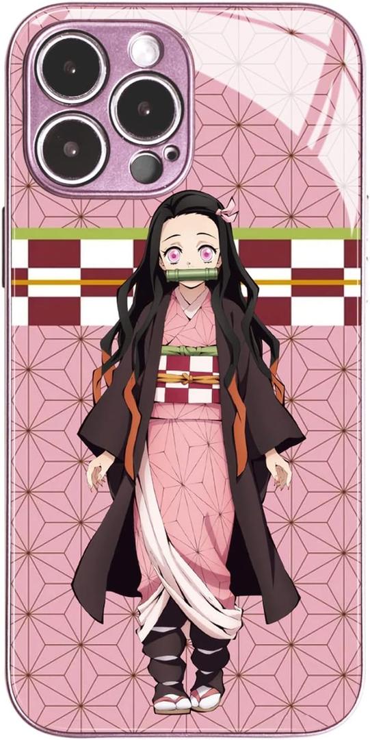Anime Phone Case for iPhone 16 Pro Max, Manga Role Pattern Tempered Glass Cover Slim Fit Shockproof Protective Shell (Pink, Nezuko)