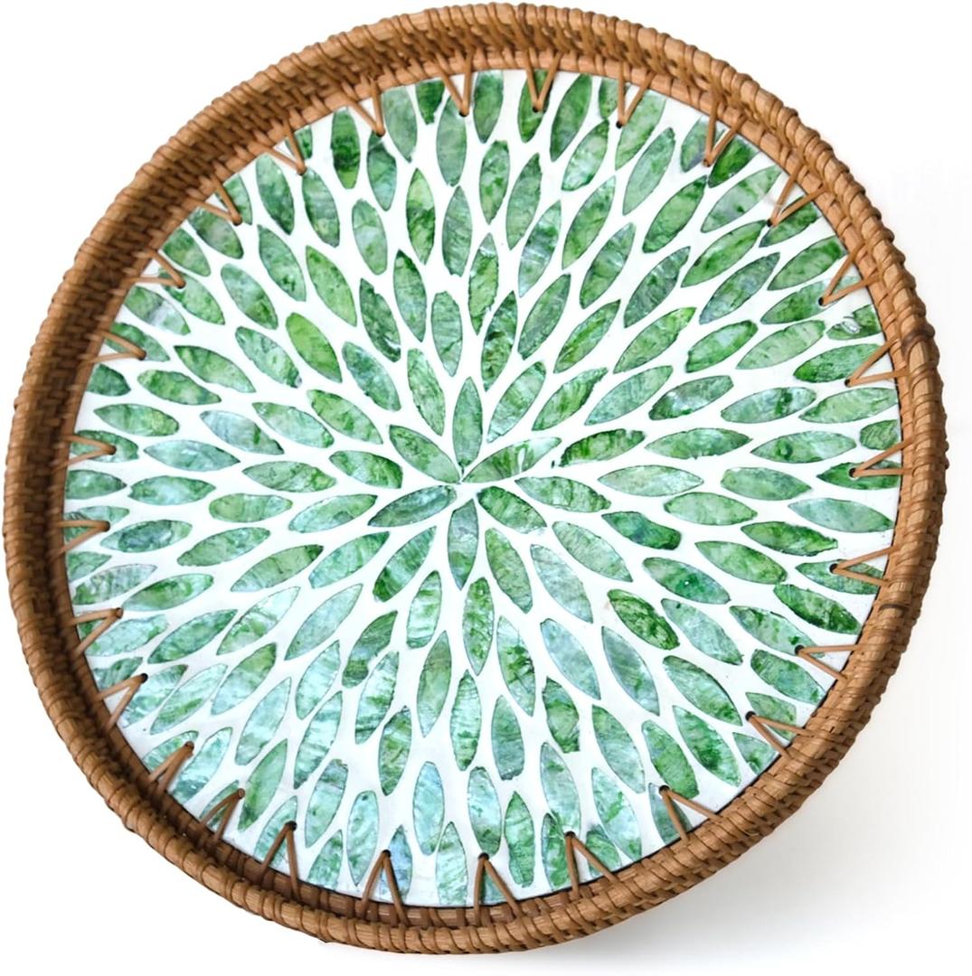 Round Rattan Tray with Mother of Pearl Inlay, Wicker Serving Tray Mother for Decor, Rattan Round Wicker Coffee Table Tray for Coffe Friut Bread, Green Leaf