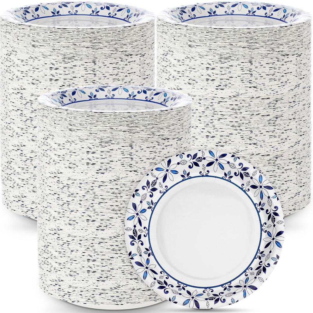 400 Pack 7 Inch Disposable Paper Plates for Everyday Use, Soak Proof Heavy Duty Small Paper Plates for Dinner Picnic, Cut Proof Plate for Holiday Party Family Gatherings(Blue and White)