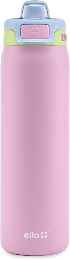 Ello Pop & Fill 22oz Stainless Steel Water Bottle with Quick Fill Technology, Double Walled and Vacuum Insulated Metal, Leak Proof Locking Lid, Sip and Chug, Reusable, BPA Free, Rosy Skyline