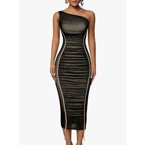 LAGSHIAN Women's Sexy Bodycon Cocktail One Shoulder Sleeveless Mesh Ruched Midi Party Dress, XL