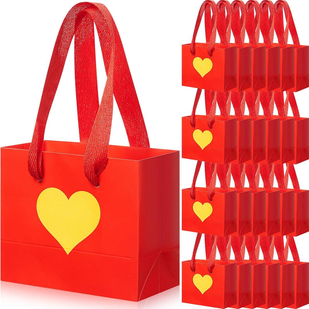 Weekgrat 24 Pcs Mother's Day Mini Gift Bags with Handle 4.72 x 3.94 x 2.36 Inch Small Heart Shaped Pattern Treat Goodie Candy Bags Bulk for Wedding Mother's Day Supplies Decoration (Red and Gold)