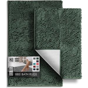 Hearth & Harbor Bathroom Rugs Sets 2 Piece, Chenille Bath Mat Set - Machine Washable Bath Mats for Bathroom Non-Slip Backing Rubber Quick Dry Bathroom Mat - Hunter Green Bath Rug, 17x24-20x32