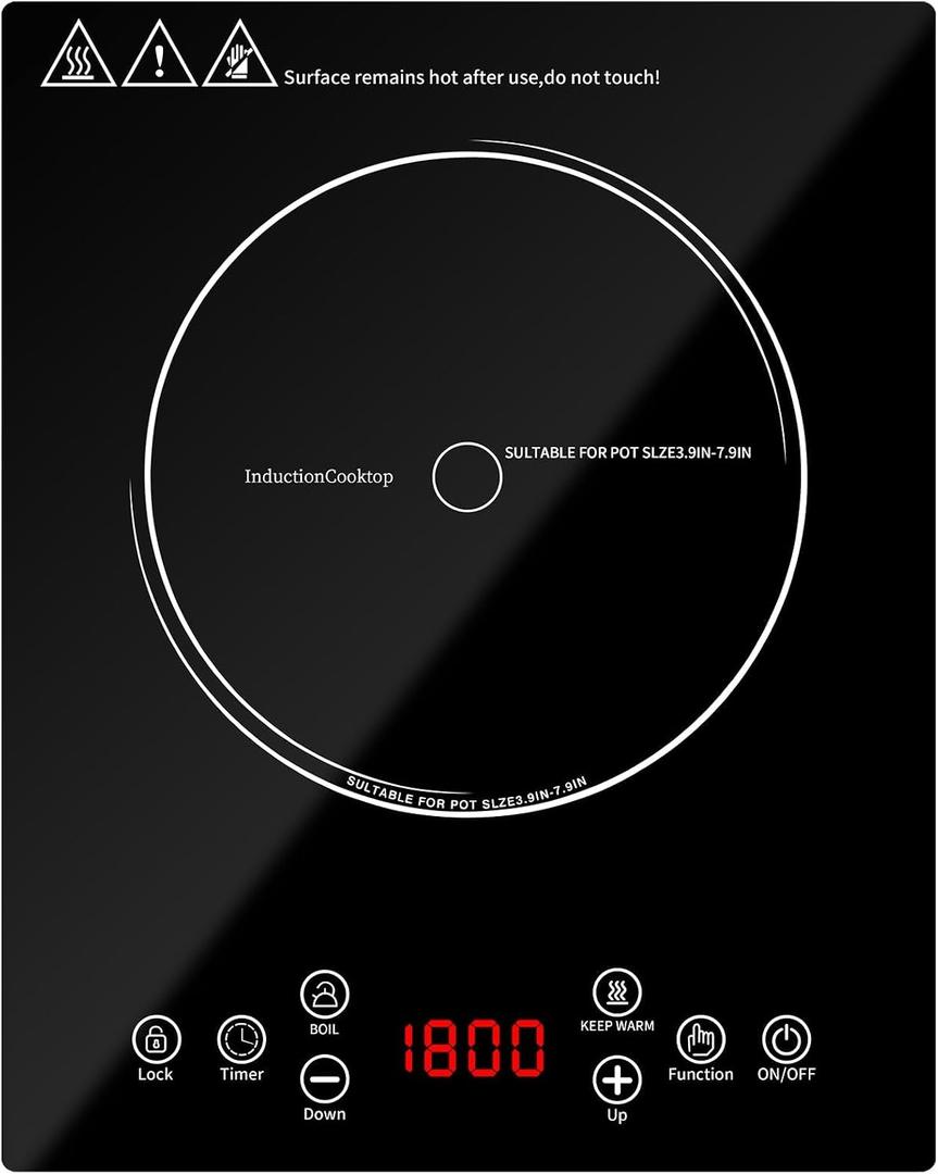 Single Induction Cooktop,1800W Portable induction Cooktop，Portable induction hot plate with LCD touch control,9 Levels,10H,Safety Lock, 110V single burner induction Cooktop