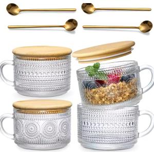 Glass Coffee Mugs with Bamboo Lids and Spoons Set of 4 Clear Embossed Glass Cups for Coffee, Tea, Overnight Oats, Dessert 12oz Aesthetic Kitchen Cups