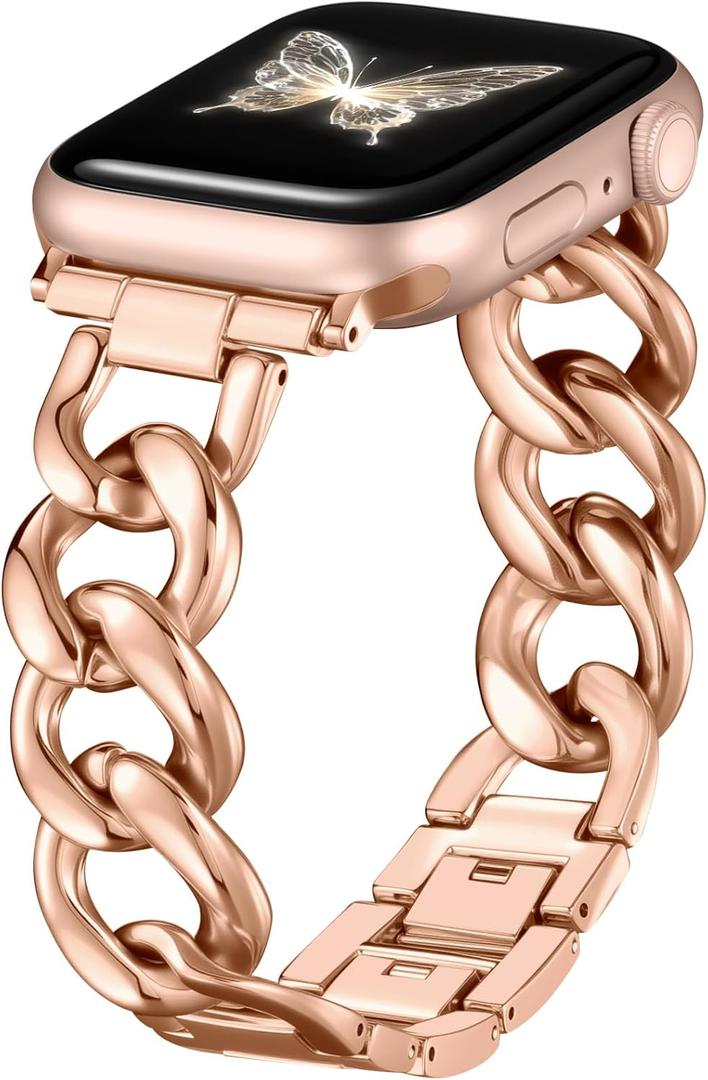 DaQin Gold Band Compatible with Apple Watch Bands for Women 44mm 45mm 46mm 42mm, Metal Chain Link Steel Replacement Accessories Bracelet for iWatch Bands Series 10 9 8 7 6 5 4 3 2 1 SE, RoseGold