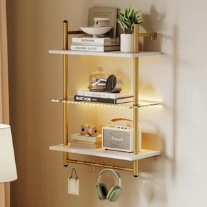 Bestier 24 Floating Shelves with LED Lights for Wall, 3 Tier Wall Mounted Glass Shelves with 8 Hooks, Coffee Bar Shelf Hanging Display Rack for Living Room Kitchen Bathroom, White & Gold