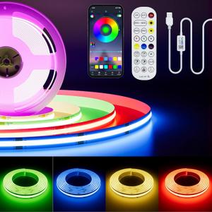 PAUTIX 5V USB COB RGB LED Strip Light 4.92ft/1.5m Color Changing Light Strips,TV Backlight Multicolor Flexible Under Cabinet Tape Lights with Bluetooth Control for Bedroom,Kitchen,Home DIY Lighting