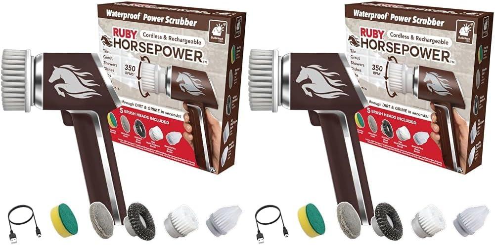 2X Horsepower Scrubber AS-SEEN-ON-TV Waterproof Rechargeable Handheld 350 RPM 5 Brush Heads Bundle