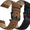 Fullmosa 18mm 20mm 22mm 24mm Leather Watch Bands, 2 Pack Soft Quick Release Watch Strap Compatible with Garmin Vivoactive 5/6/4/3, Venu 4/3S/2S, Samsung Galaxy Fossil Amazfit for Men Women,20mm Saddle Brown&Black/Black&Black