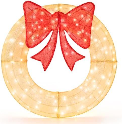Tangkula 48 Inch Lighted Christmas Mesh Wreath, Pre-Lit Festive Wreath w/Large Bow & 200 LED Bulbs, Hooks & Zip Ties Included, Weatherproof Festive Decoration for Indoor Outdoor