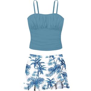 ADIRUN Girls Tankini Bathing Suits Two Piece Tropical Print Pleated Tween Girls Swimsuits Adjustable Straps with Ruffle Drawstring Skirt Swimwear Dark Blue 13-14 Years
