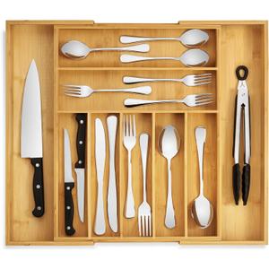 Purawood Bamboo Drawer Organizer - Expandable Silverware Organizer & Utensil Drawer Organizer, Cutlery Tray with Dividers, 7-9 Slots- Kitchen Organizer for Utensils & Flatware (Natural)