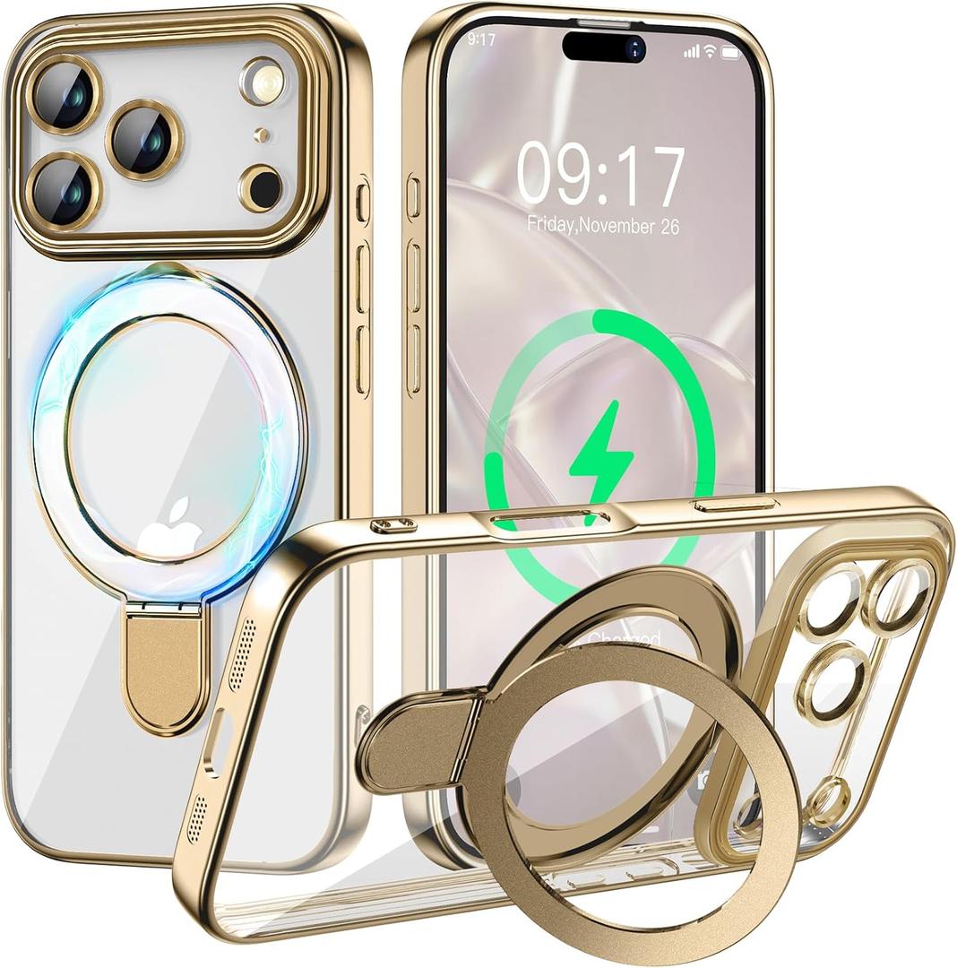 Magnetic for iPhone 17 Pro Max Case with Invisible Stand[Compatible with MagSafe][Full Camera Lens Protector][Military Drop Protection] Shockproof Not Yellowing Clear Slim Soft for Women Men