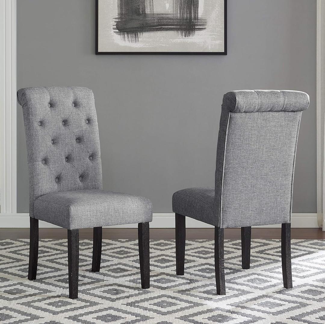 Roundhill Furniture Leviton Solid Wood Tufted Dining Chair, Set of 2, Light gray