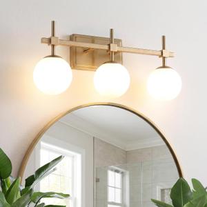 URSOLA 3 Lights 22" Bathroom Vanity Light Fixtures, Antique Brass Mid Century Modern Vanity Light with Opal Globe Glass Shades, G9 Socket, Bathroom Light Fixtures Over Mirror for Bathroom