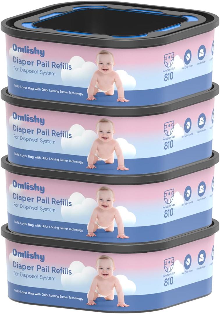 Jumbo Square Bags Refill Compatible with Diaper Genie Compact, Select Pails (Not Fit Classic), Max Odor Control, Disposal Bag Refills with Continuous Film, Holds Up to 810 Newborn Diapers, 4 Pack