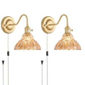 Shenmoyl Plug in Wall Sconce Set of 2, Gold Vintage Wall Decor Lights with Amber Lily Glass Shade, Indoor Brass Corded Wall Lamp Fixture for Bedroom Living Room Bathroom Hallway