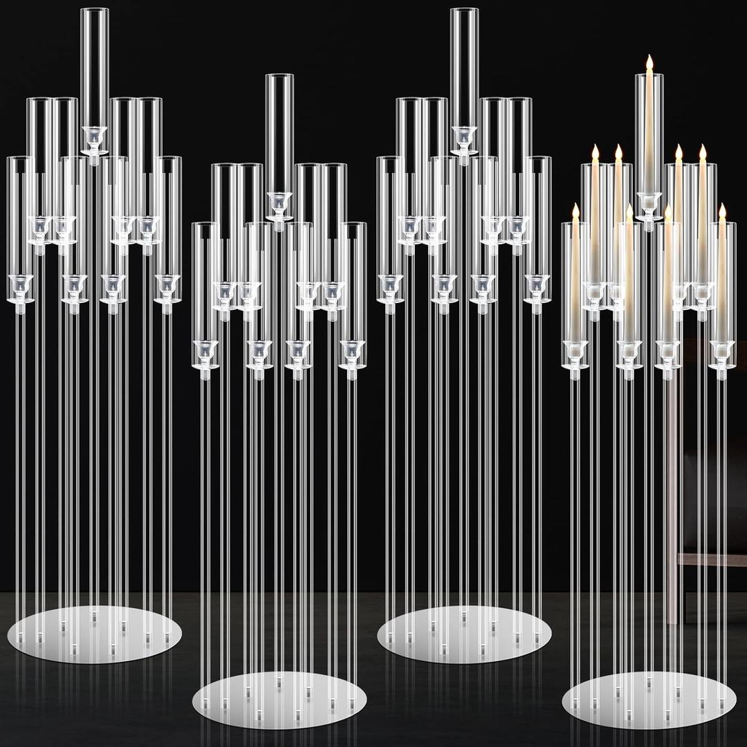 Tessco 4 Pcs 9 Arm 42.5" Acrylic Candelabra Table Centerpiece Floor Candelabras Clear Candle Holder with Removable Lampshade Wedding Candelabra Centerpiece Fit 0.8 LED