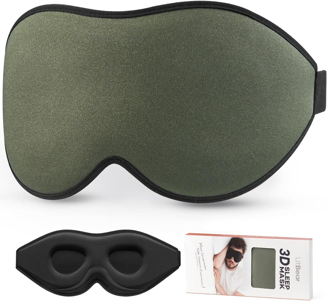 LitBear Sleep Mask for Men Side Sleeper, Sleeping Mask for Women Light Blocking, 3D Contoured Cup Eye Mask Sleeping, Soft Lightweight Sleep Eye Mask with Adjustable Elastic Strap for Traveling (Olive Green)