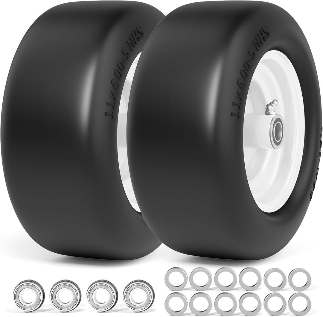 11x6.00-5 Flat Free Tires, Zero Turn Mower Front Tires, 11x6-5 Solid Mower Wheel for Residential and Commercial, With 5/8" and 3/4"Bearing, 6"- 8" Center Hub, 2Pack White, Load 400lbs