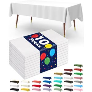 Pureegg Plastic Table Cloth Disposable 10 Pack, 52 x 70 Inch Table Cloths, Dining, Party, Buffet, Wedding, Decorative Tablecloths, Rectangle, White Plastic Cover, Waterproof & Sturdy, White