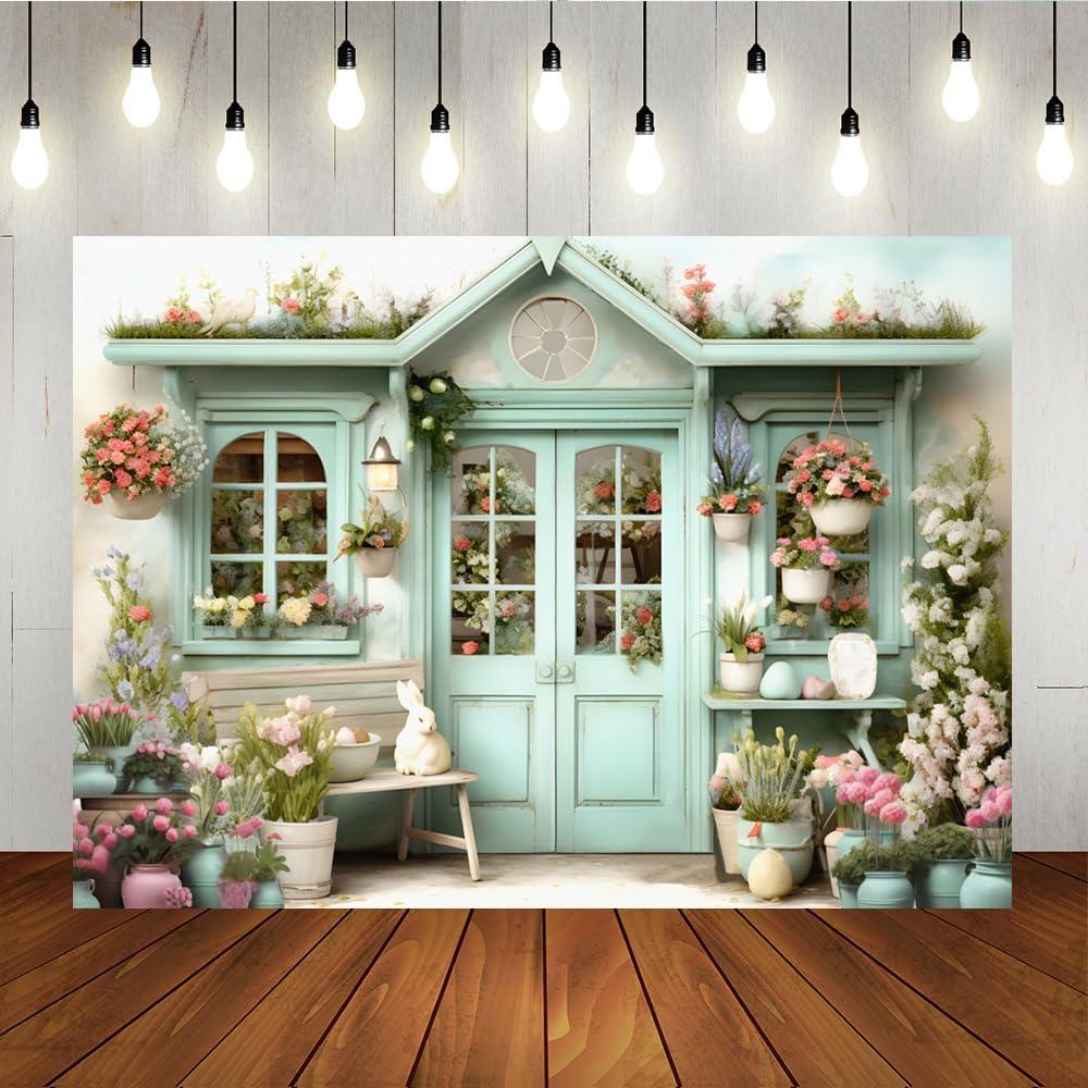 Lofaris Spring Easter Shoppe Backdrop Garden Grass Flower Bunny Rabbit Green Door Window Photography Background Easter Day Party Decorations Portrait Photo Booth Studio Props 7x5ft