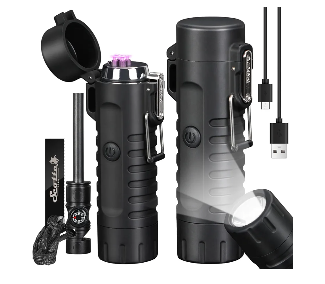 Scotte Plasma Windproof arc Lighter Electric Lighter and LED Flashlight - 2 in 1 (Black)/5-in-1 Magnesium Fire Starter for Emergency Survival Kits, Camping, Hiking, All-Weather Magnesium Ferro Rod