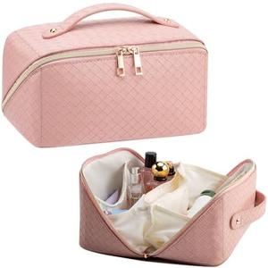 VERNASSA Large Capacity Travel Makeup Bag for Women, Waterproof Portable Cosmetic Bag with Compartments, Foldable Flat Lay Design for Easy Access, Perfect for Toiletries & Beauty Essentials (Pink)