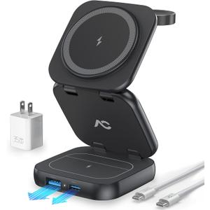 5-in-1 Wireless Charger for MagSafe, AC ISLAND Portable Travel Charging Station, 15W Max Fast Foldable Magnetic Stand, Evolved for iPhone 17/16/15/14/13 Series, Apple Watch, AirPods (with 35W Adapter)