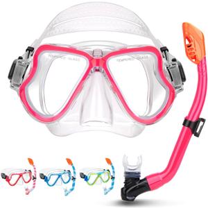 Kids Snorkel Set for Ages 3-14, Snorkeling Gear for Kids with Dry Top Snorkel Anti-Leak Anti-Fog Panoramic View Snorkel Mask, Boys Girls Junior Teens Snorkeling Set (Pink/Transparent)