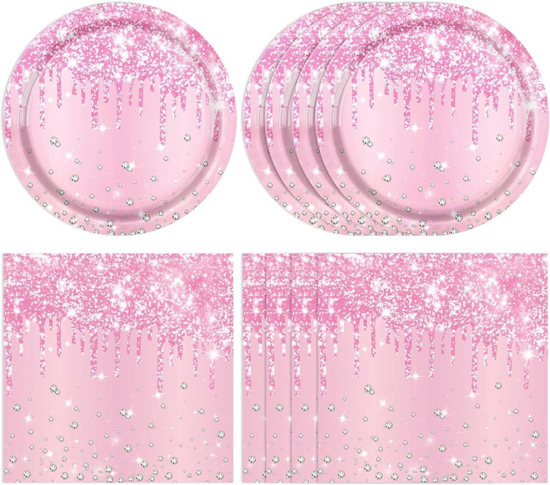 40 PCS Pink Birthday Decorations Light Pink Diamond Theme Birthday Disposable Tableware Paper Plates and Napkins for Wedding Baby Shower Serves 20