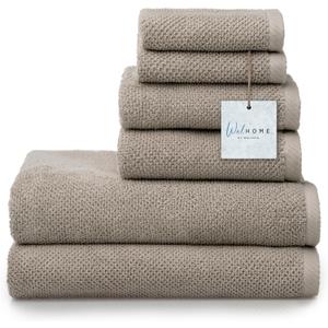 Welhome Franklin 100% Cotton Popcorn Textured Towel Set - 6 Piece 600 GSM, Soft & Plush, 2 Bath Towels, 2 Hand Towels, 2 Washcloths, Taupe (Flax)