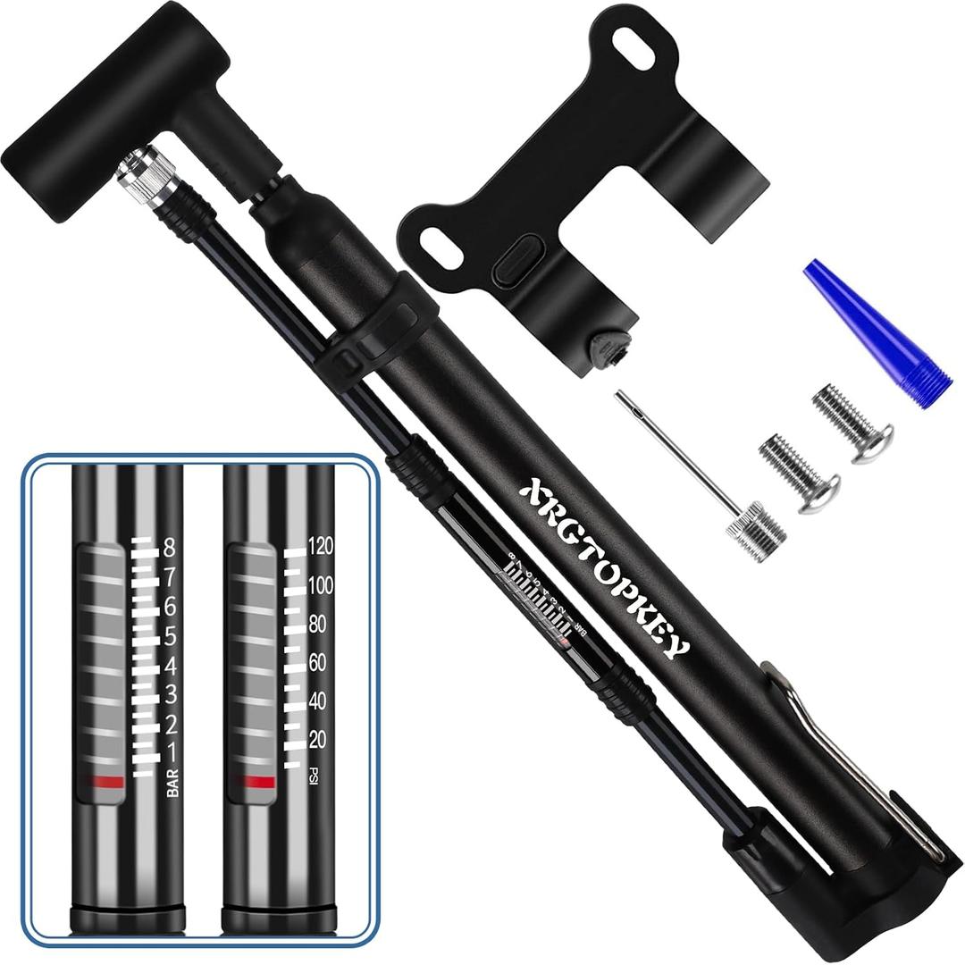 Bike Pump, Mini Bicycle Pump with Dual Valve Schrader Presta, Portable Bike Tire Inflator with Extension Hose & Mounting Bracket for Road Bike (120 PSI)