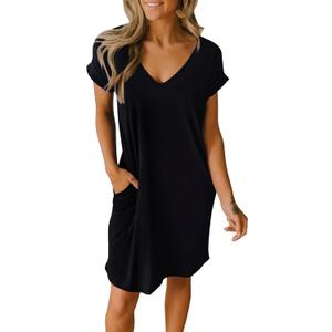BTFBM Women Summer T Shirt Dresses 2025 Spring Short Sleeve V Neck Loose Casual Short Vacation Dress Pajamas Pockets (Small, Black)